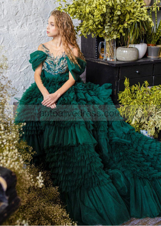 Green Tulle Ruffled Flower Girl Dress Christmas Dress